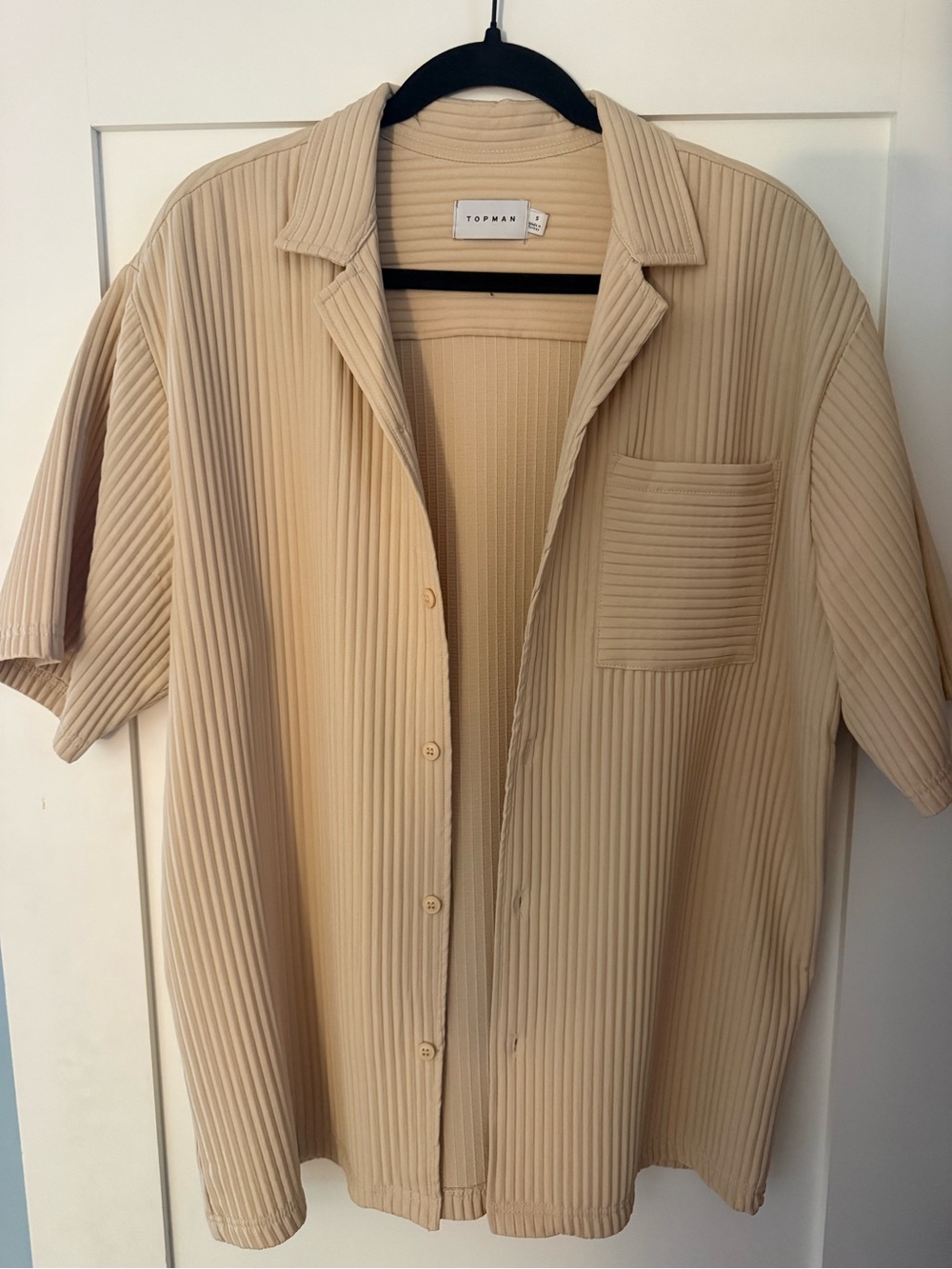 Topman Beige Ribbed Short Sleeve Button-Down Shirt